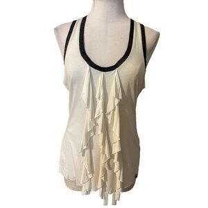 Guess LA Tank Top L Large White Black Silver Trim Ruffle Racerback NEW NWT